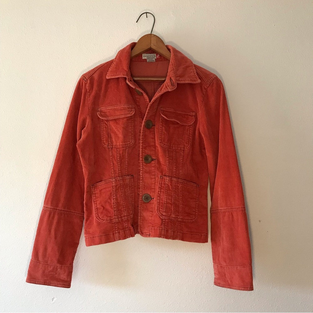 Kali Wear womens Corduroy Button Up Jacket vintage Coat pockets orange Size M